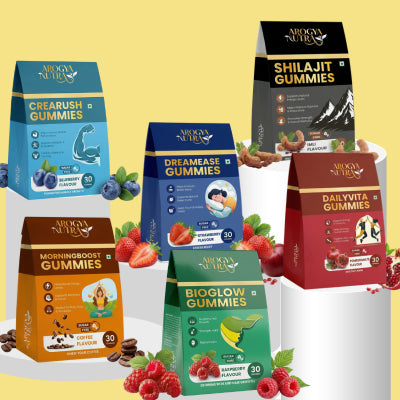 Collection of Arogya Nutra gummy supplement boxes on a yellow background