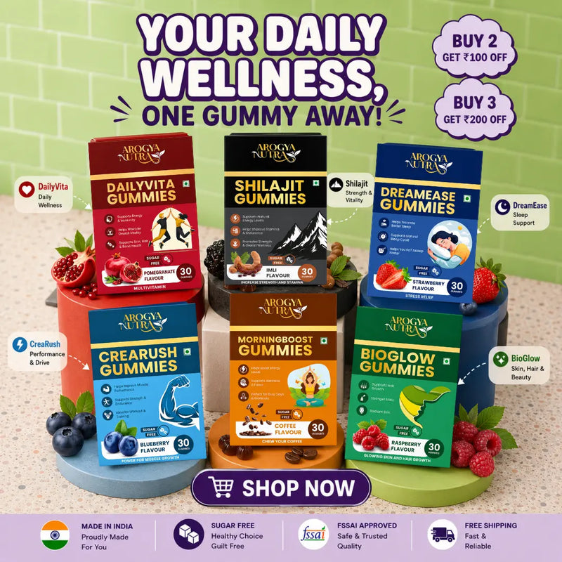 Collection of Arogya Nutra gummy supplement boxes on a yellow background