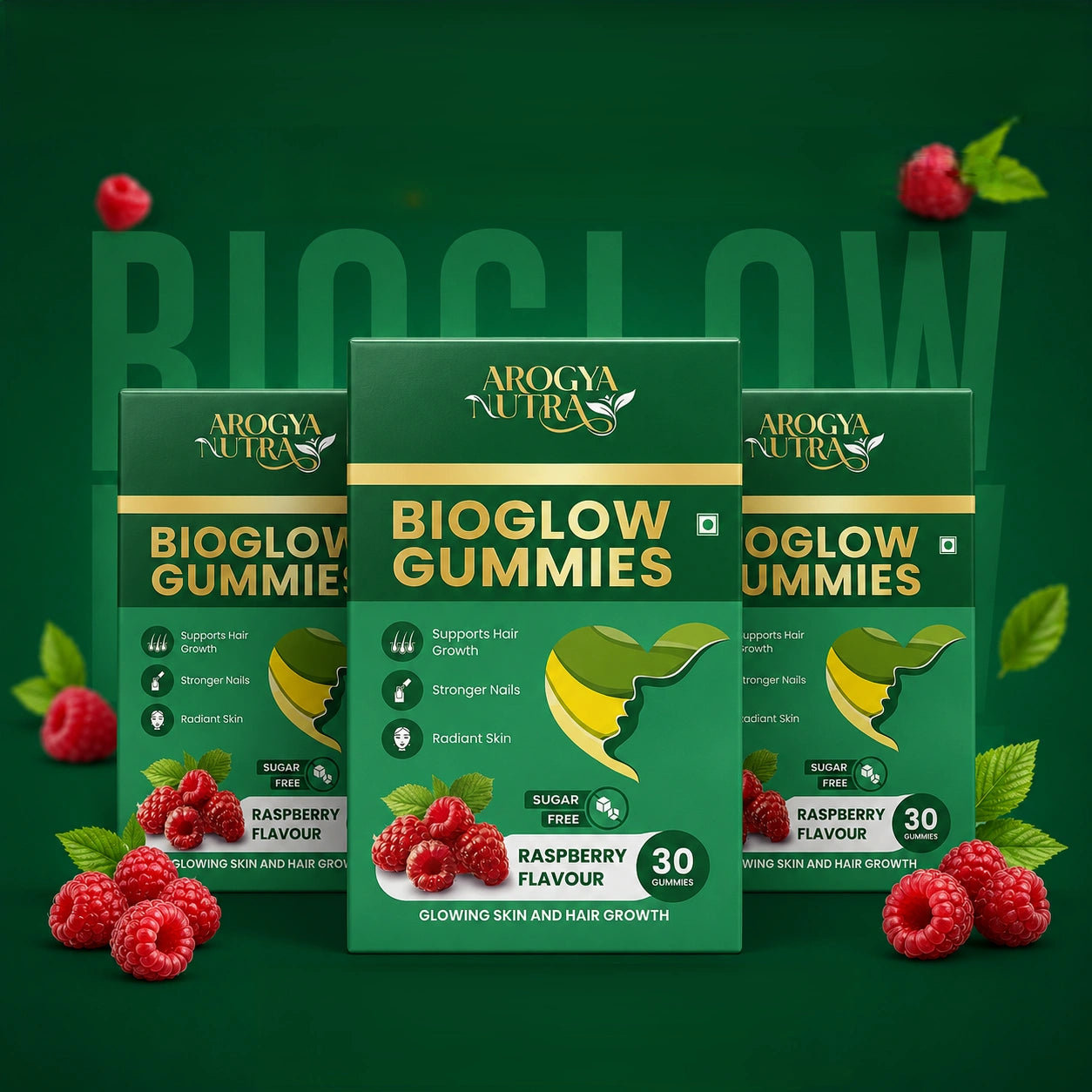 Three boxes of Bioglow Gummies with red berries on a green background
