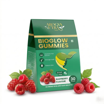 Arogya Nutra Bioglow Gummies packaging with raspberries on a white background