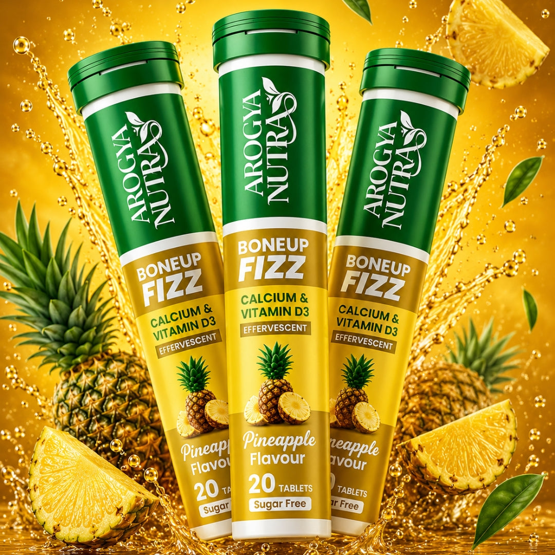 Three bottles of BoneUp Fizz with pineapple flavor on a yellow background