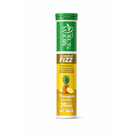 Aroga Nutra Boneup Fizz supplement tube with pineapple flavor on a white background