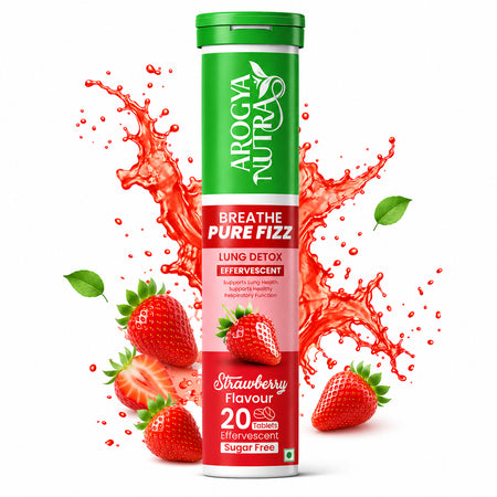 Arogya Nutra Breathe Pure Fizz packaging with apple and strawberry elements on a white background