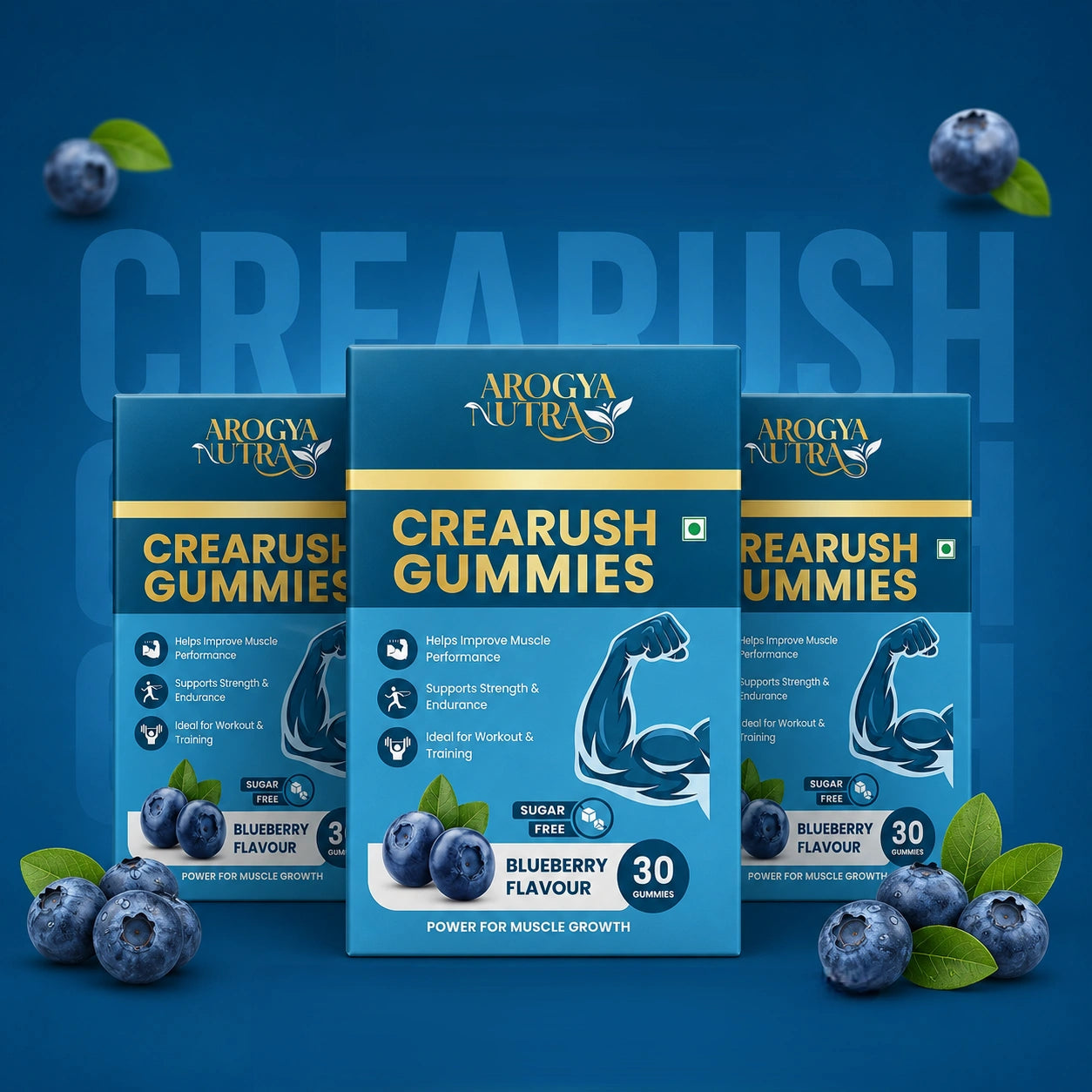 Three boxes of Crearush Gummies with blueberries on a white and blue gradient background