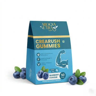 Arogya Nutra Crearush Gummies packaging with blueberries on a white background