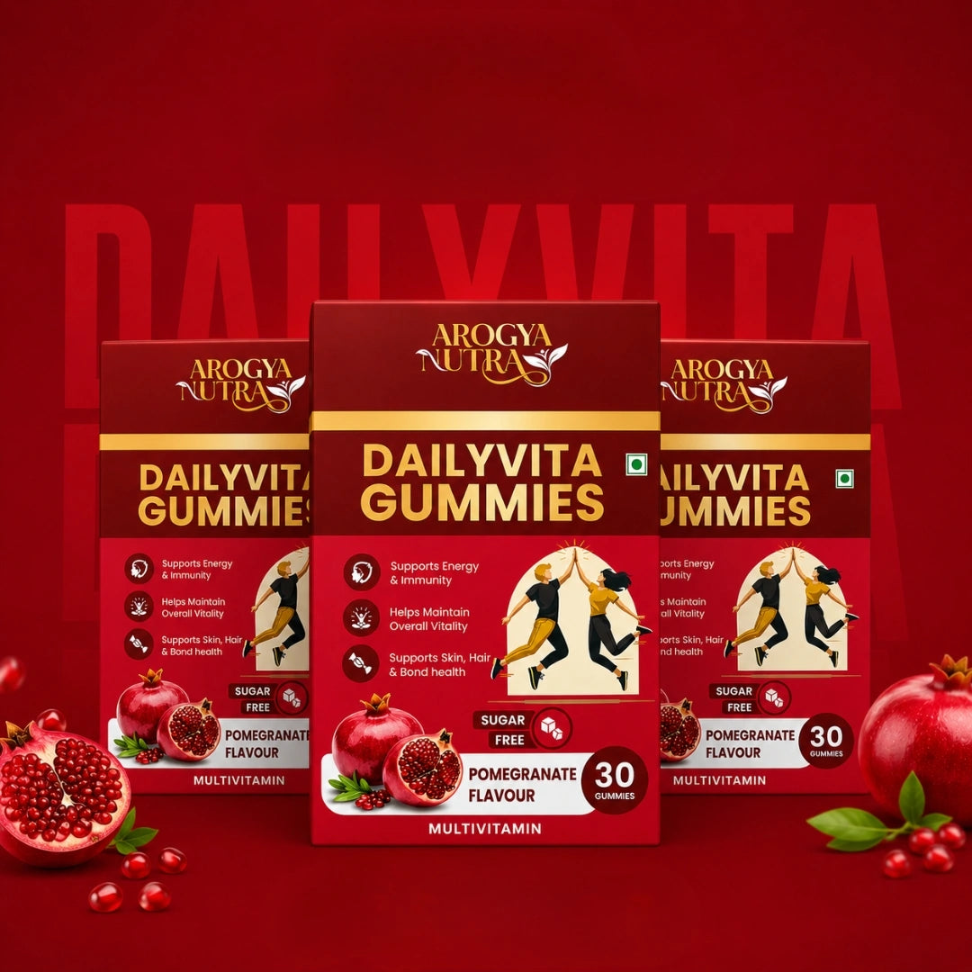 Three packages of Dailvita Gummies on a pink and gray gradient background with pomegranate graphics.