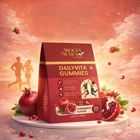 Arogya Nutras DailyVita Gummies packaging with pomegranates on a cloud-like background