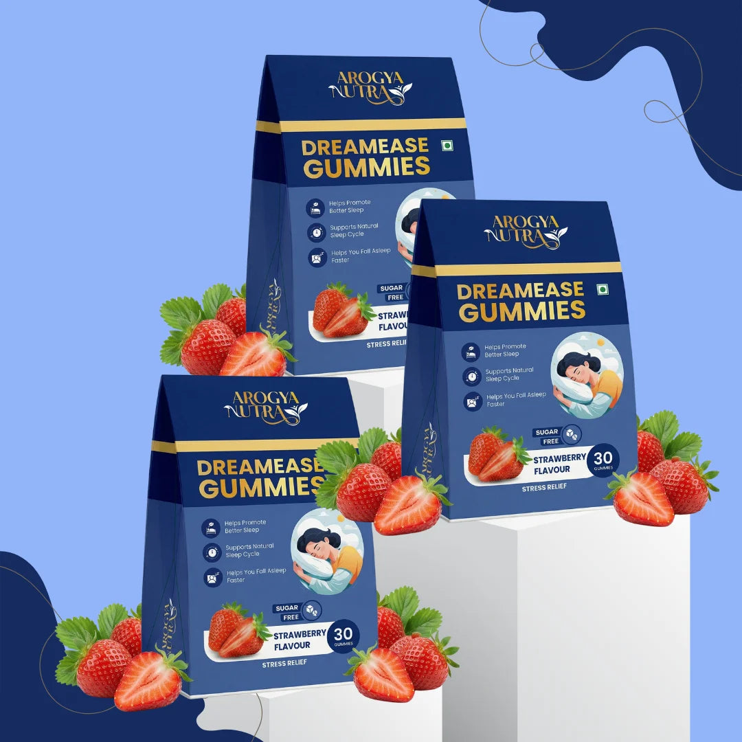 Three DreamEase Gummies packaging with strawberries on a blue and white background
