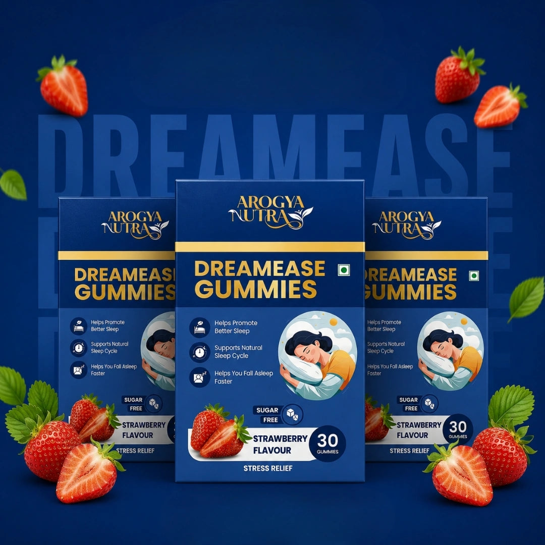 Three DreamEase Gummies packaging with strawberries on a blue and white background