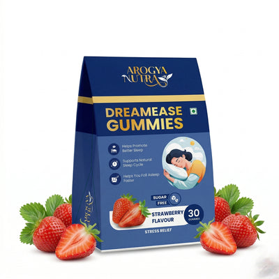 Arogya Nutra Dreamease Gummies packaging with strawberries on a white background