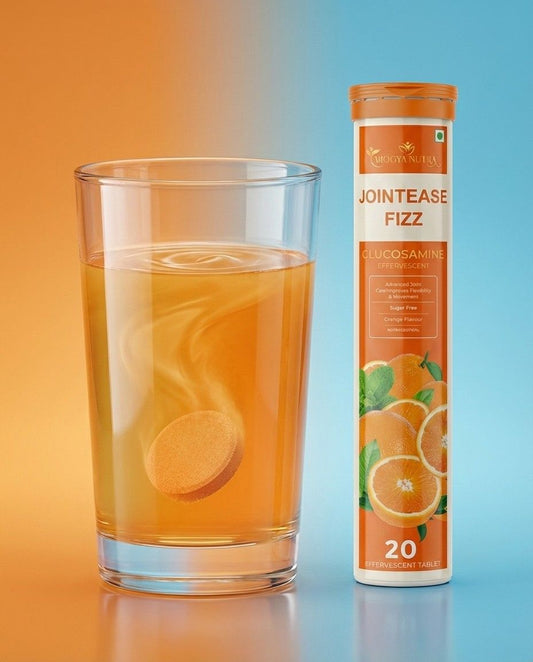 Glass of orange juice next to a tube of Jointease Fizz on a gradient background