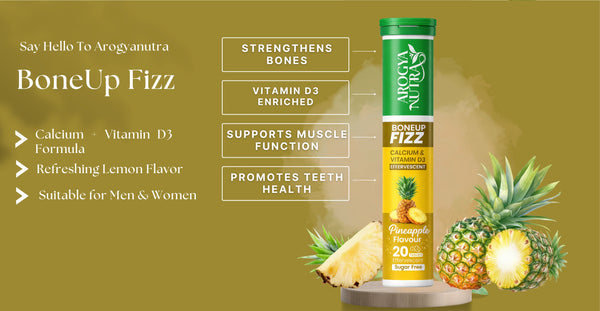 Arogyanutra BoneUp Fizz supplement with pineapple slices on a green background