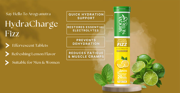 Arogyanutra HydraCharge Fizz product with lemon and lime elements on a brown background