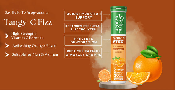 Arogya Nutra Tangy-C Fizz packaging with orange slices on a brown background