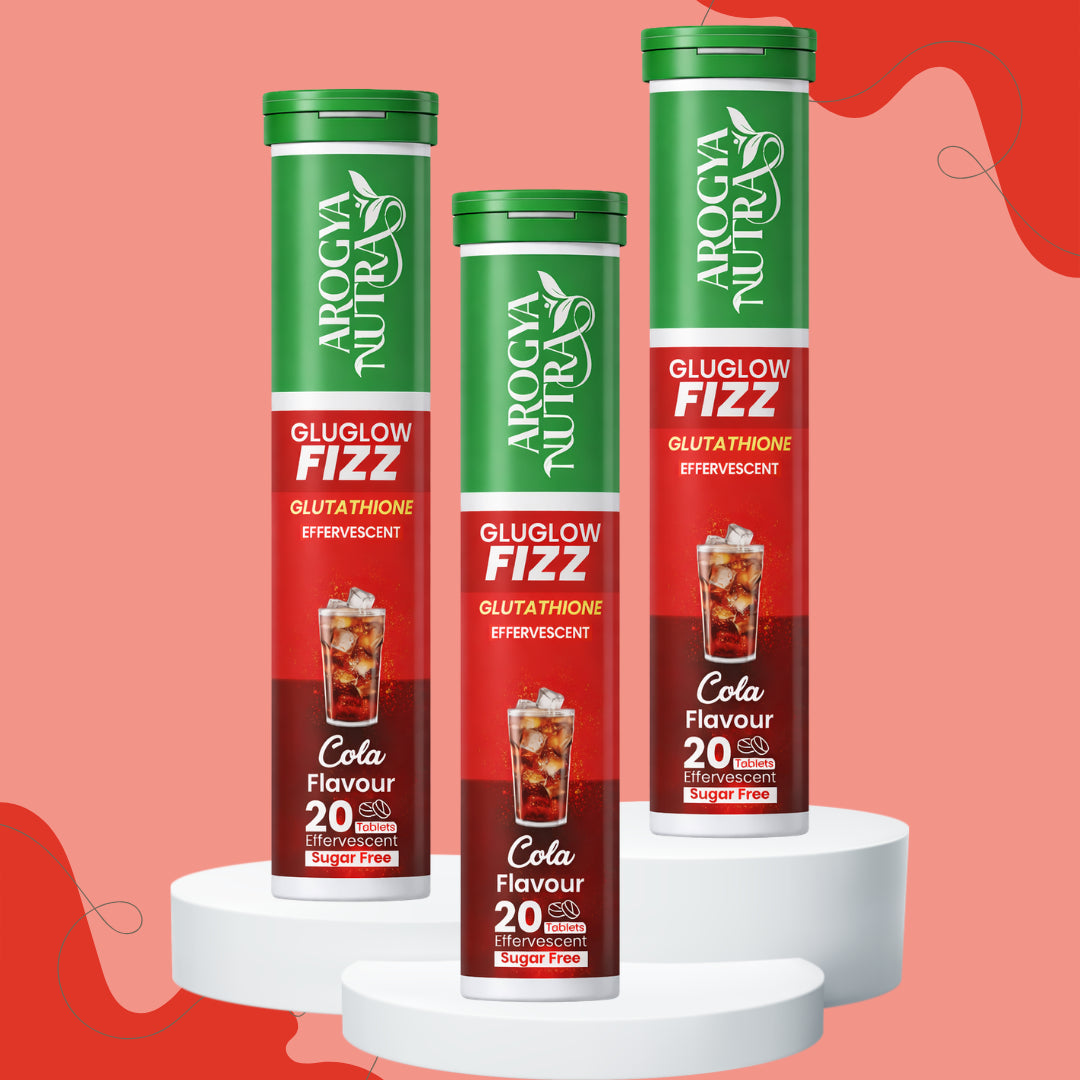Three Arogya Nutra Gluglow Fizz cola-flavored drinks on a red background