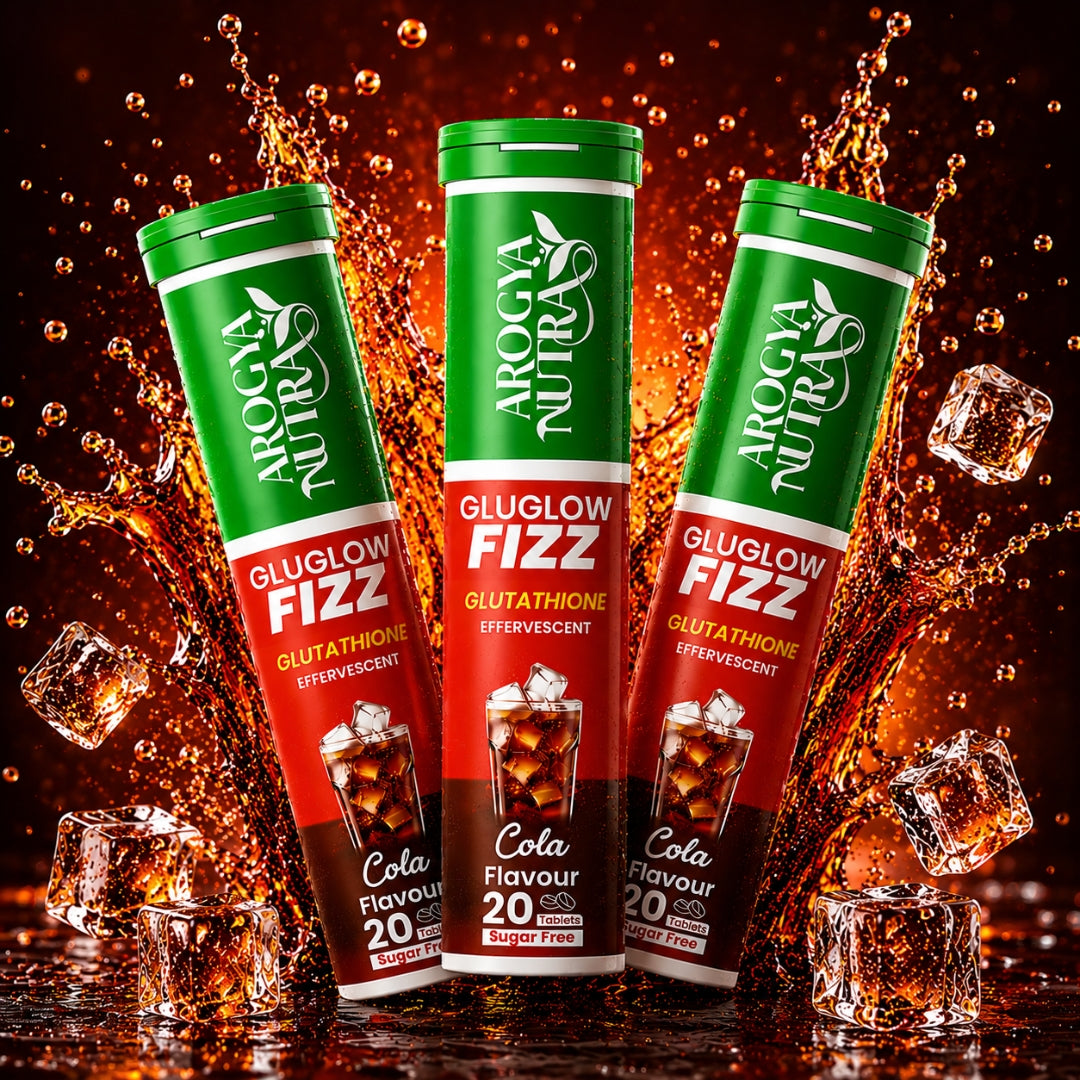 Three Arogya Nutra Gluglow Fizz cola-flavored drinks on a red background