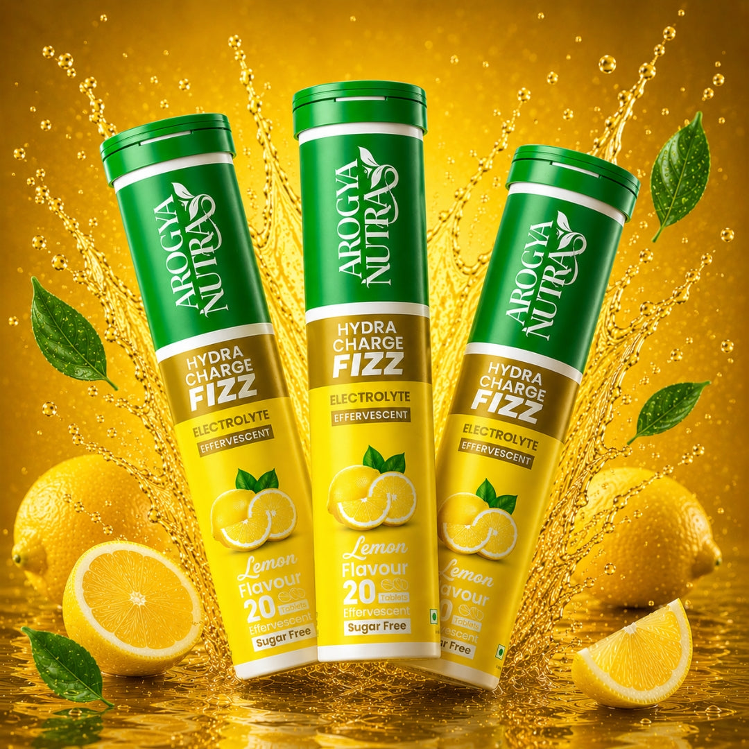Three Tubes of HydraCharge Fizz with Yellow Lemon on a Light Yellow background