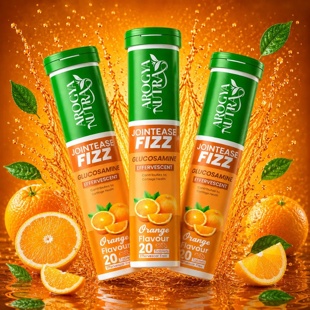 Three Arogya Nutra Fizz drinks on a white stand with an orange background
