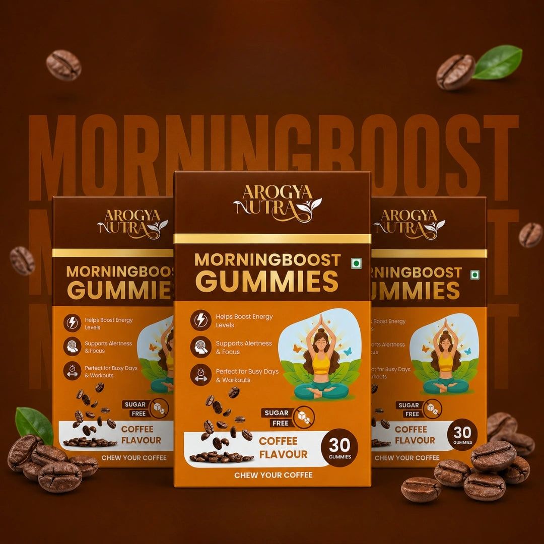 Three boxes of Arrogant Nutra Morning Boost Gummies on a gradient background
