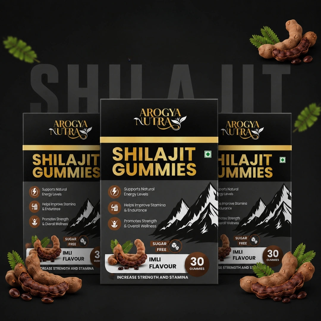 Three packages of Arogya Nutra Shilajit Gummies on a gray background