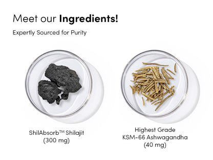 Two bowls containing Shilajit and Ashwagandha with text on a white background