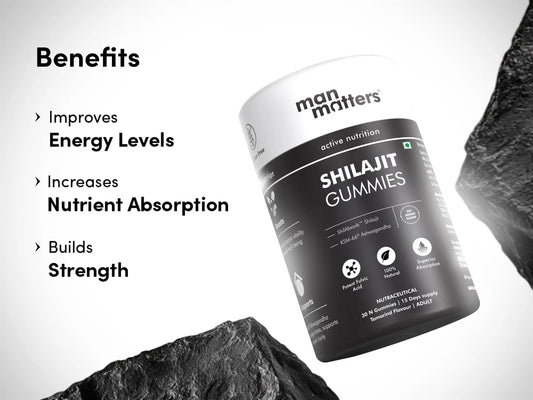 Man Matters Shilajit Gummies packaging with benefits listed on a white background
