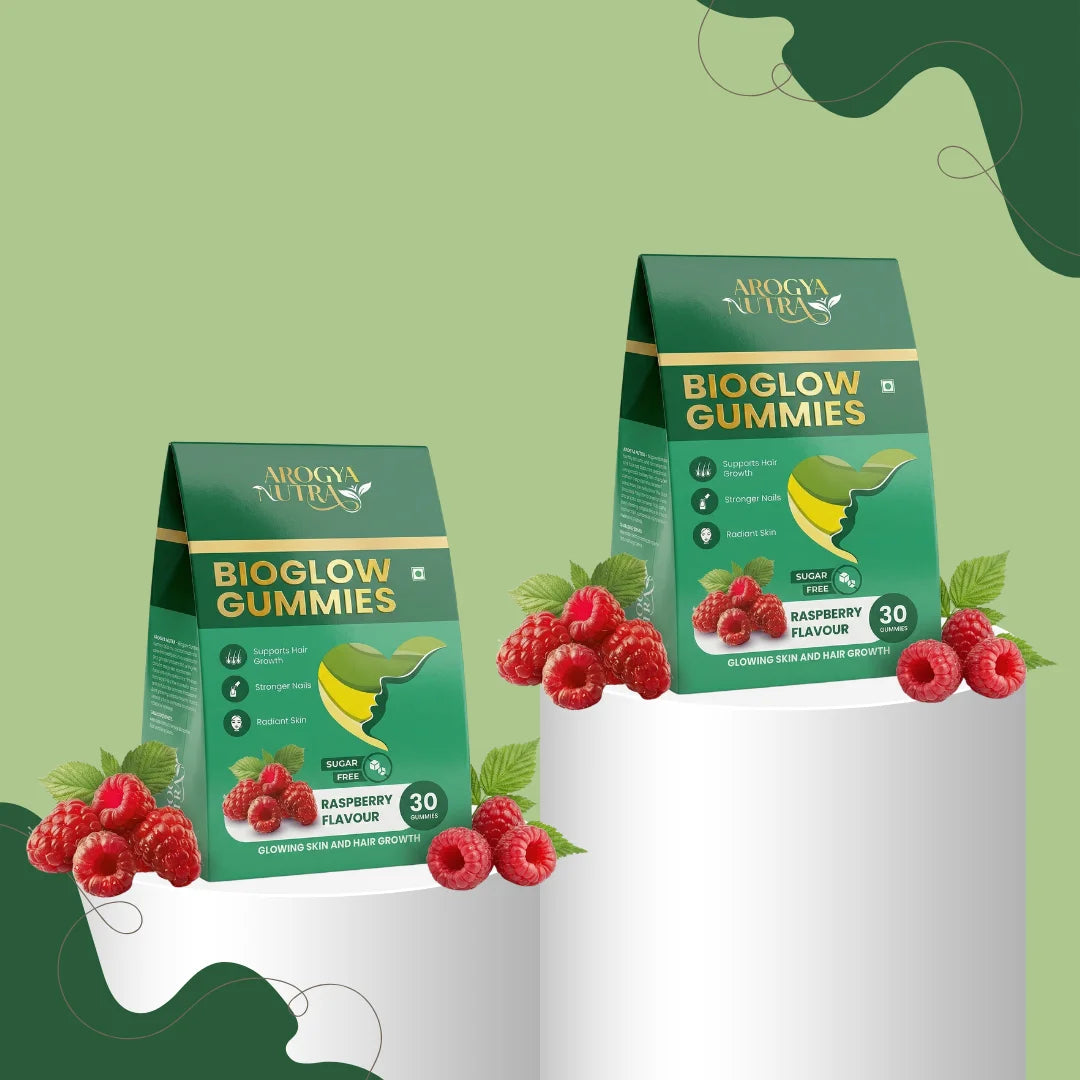 Two boxes of Bioglow Gummies with red berries on a green background