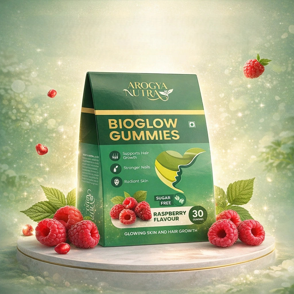 Arogya Natura Bioglow Gummies packaging with raspberries on a decorative background