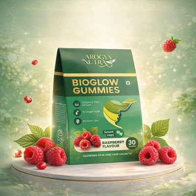 Arogya Natura Bioglow Gummies packaging with raspberries on a decorative background