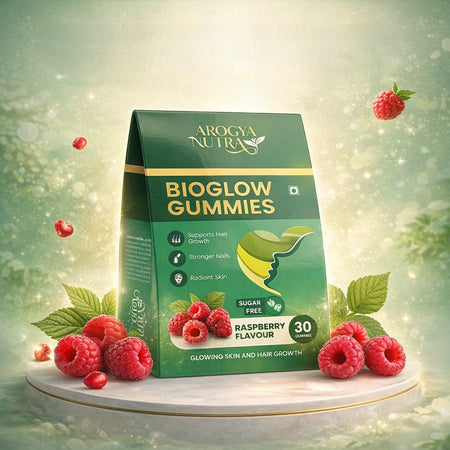 Arogya Natura Bioglow Gummies packaging with raspberries on a decorative background