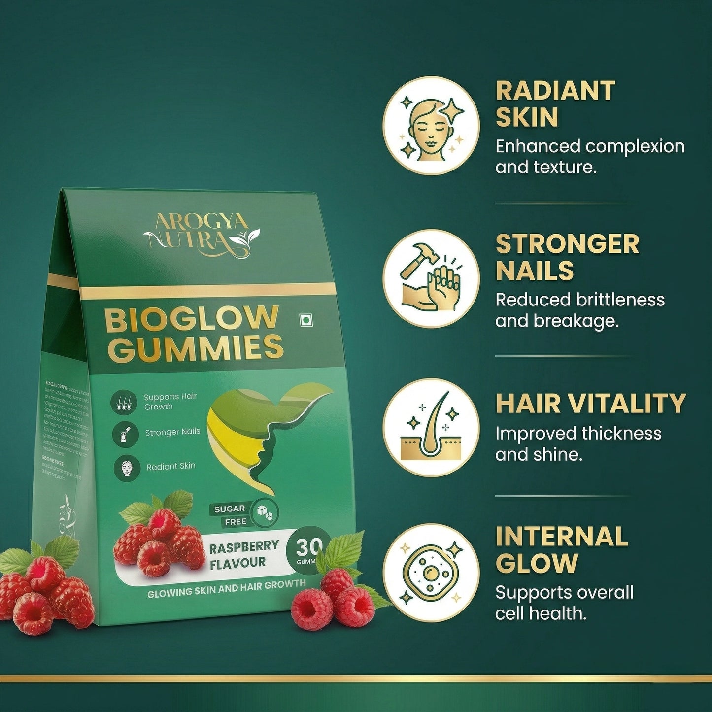 Arogya Natu Bioglow Gummies packaging with benefits on a green background