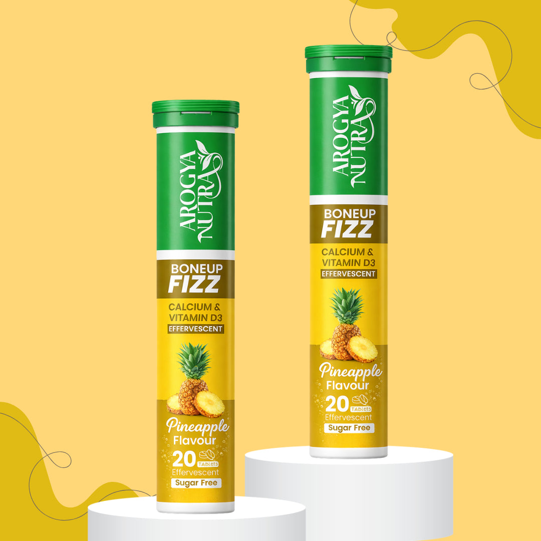 Two bottles of BoneUp Fizz with pineapple flavor on a yellow background