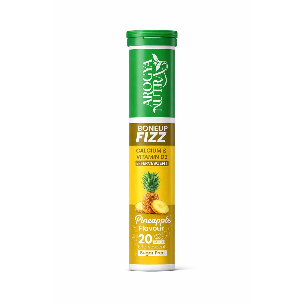 Aroga Nutra Boneup Fizz supplement tube with pineapple flavor on a white background