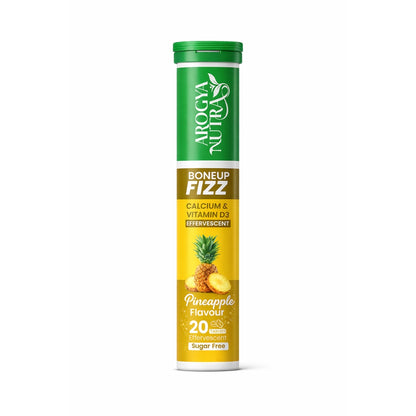 Aroga Nutra Boneup Fizz supplement tube with pineapple flavor on a white background