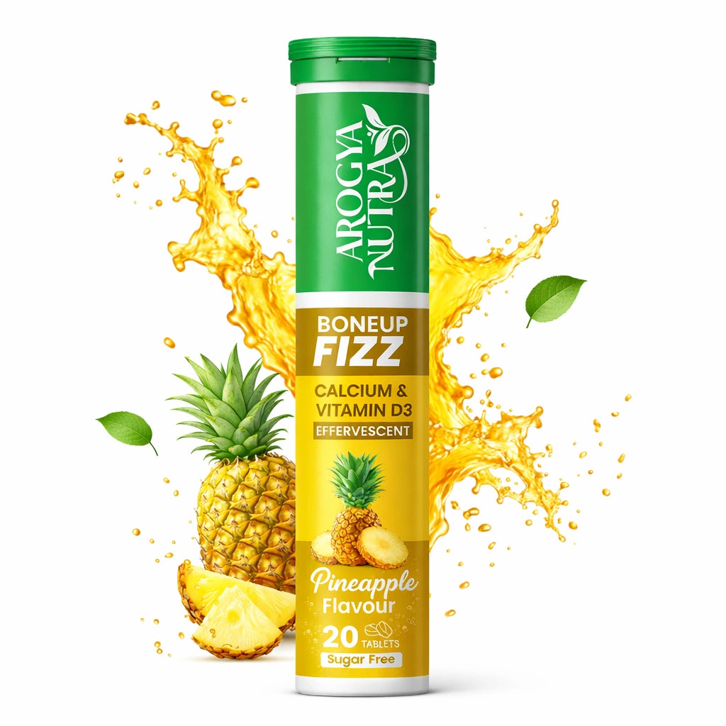 Arogya Nutra Boneup Fizz Pineapple Flavour supplement with pineapple and juice splashes on a white background