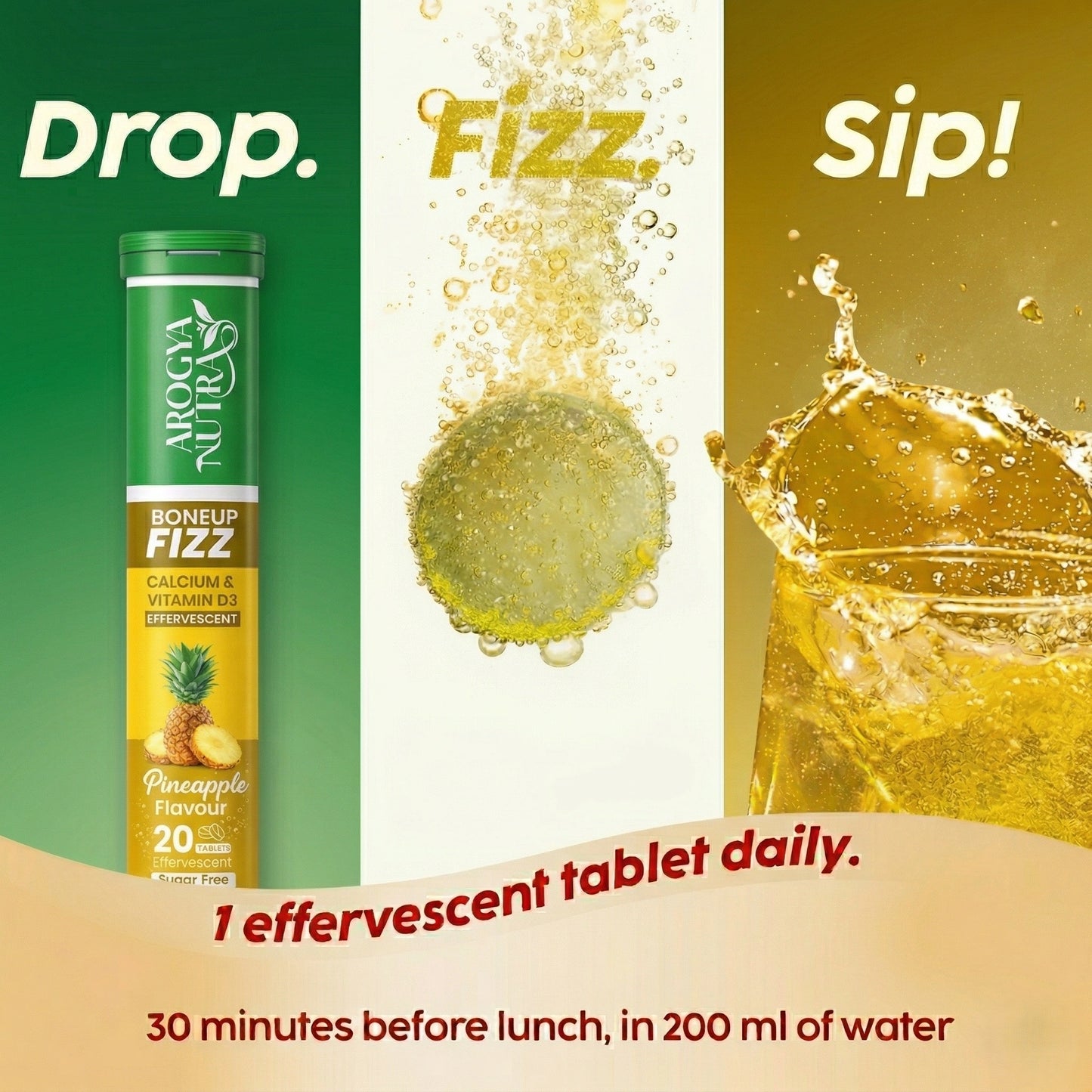 Advertisement for Boned Up Fizz effervescent tablet with green and gold design elements.