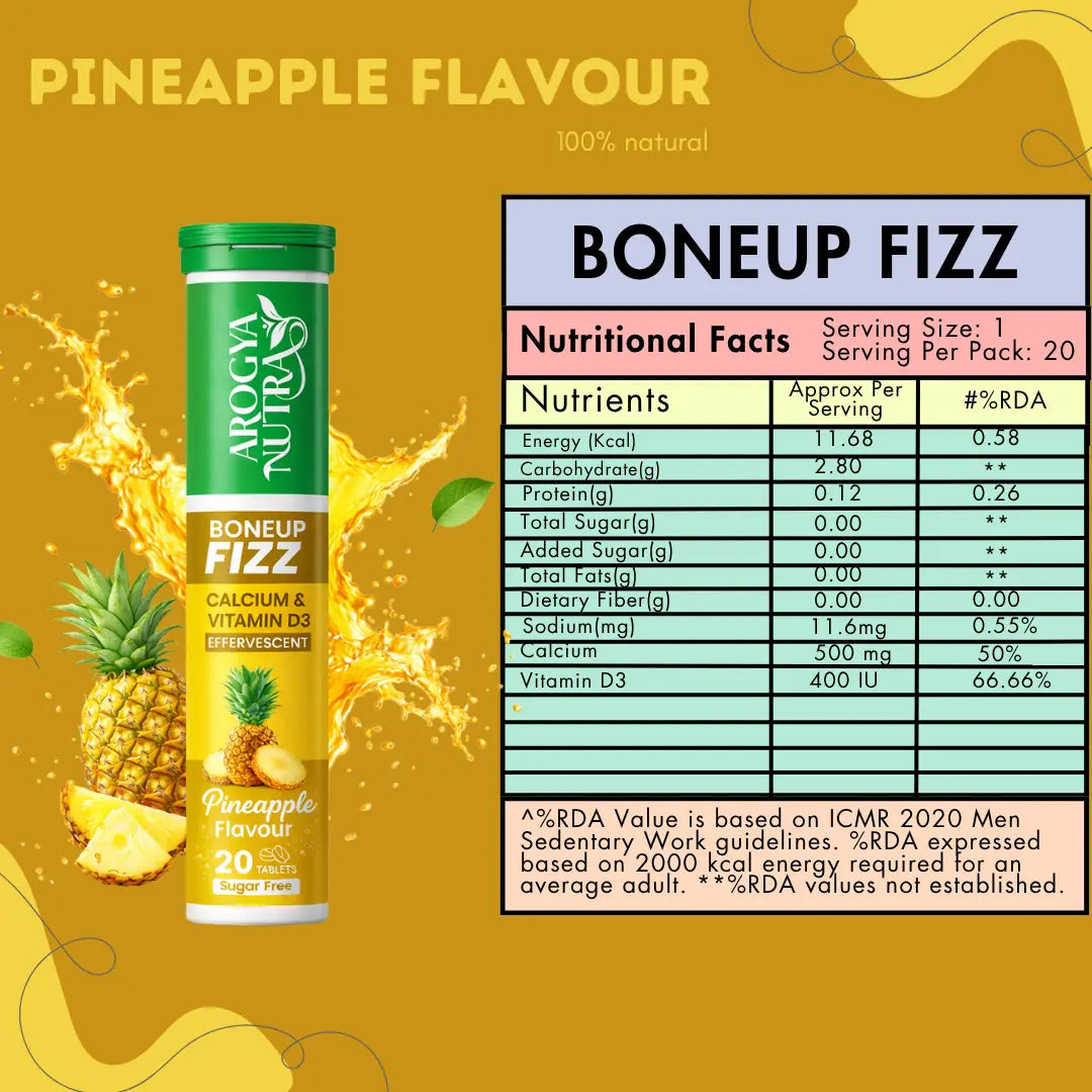 Boneup Fizz Pineapple Flavour packaging with nutritional facts on a yellow background