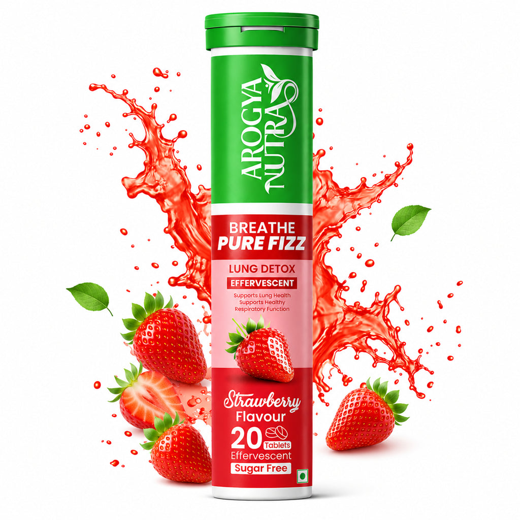 Arogya Nutra Breathe Pure Fizz packaging with apple and strawberry elements on a white background