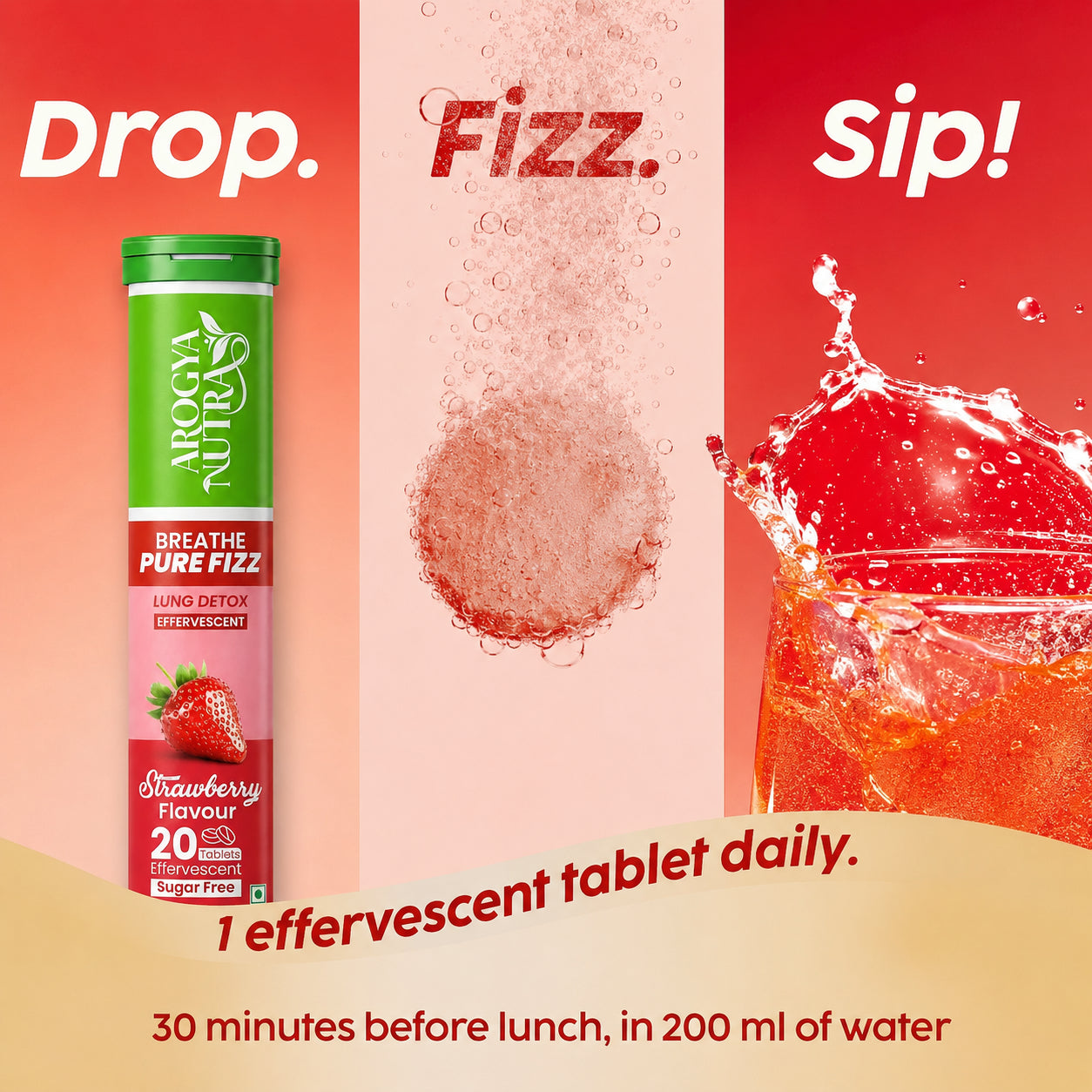 Advertisement for a BreathePure Fizz tablet with Apple & Strawberry flavor, showing text 'Drop. Fizz. Sip!' and product packaging.