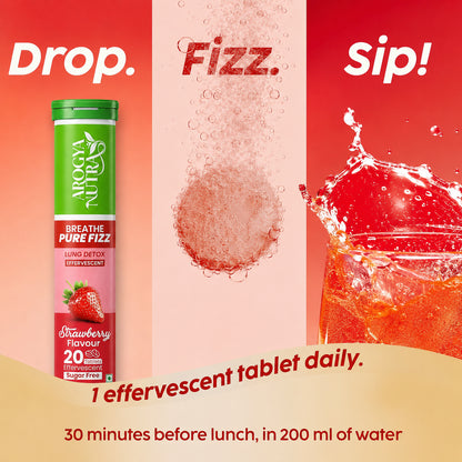 Advertisement for a BreathePure Fizz tablet with Apple & Strawberry flavor, showing text 'Drop. Fizz. Sip!' and product packaging.