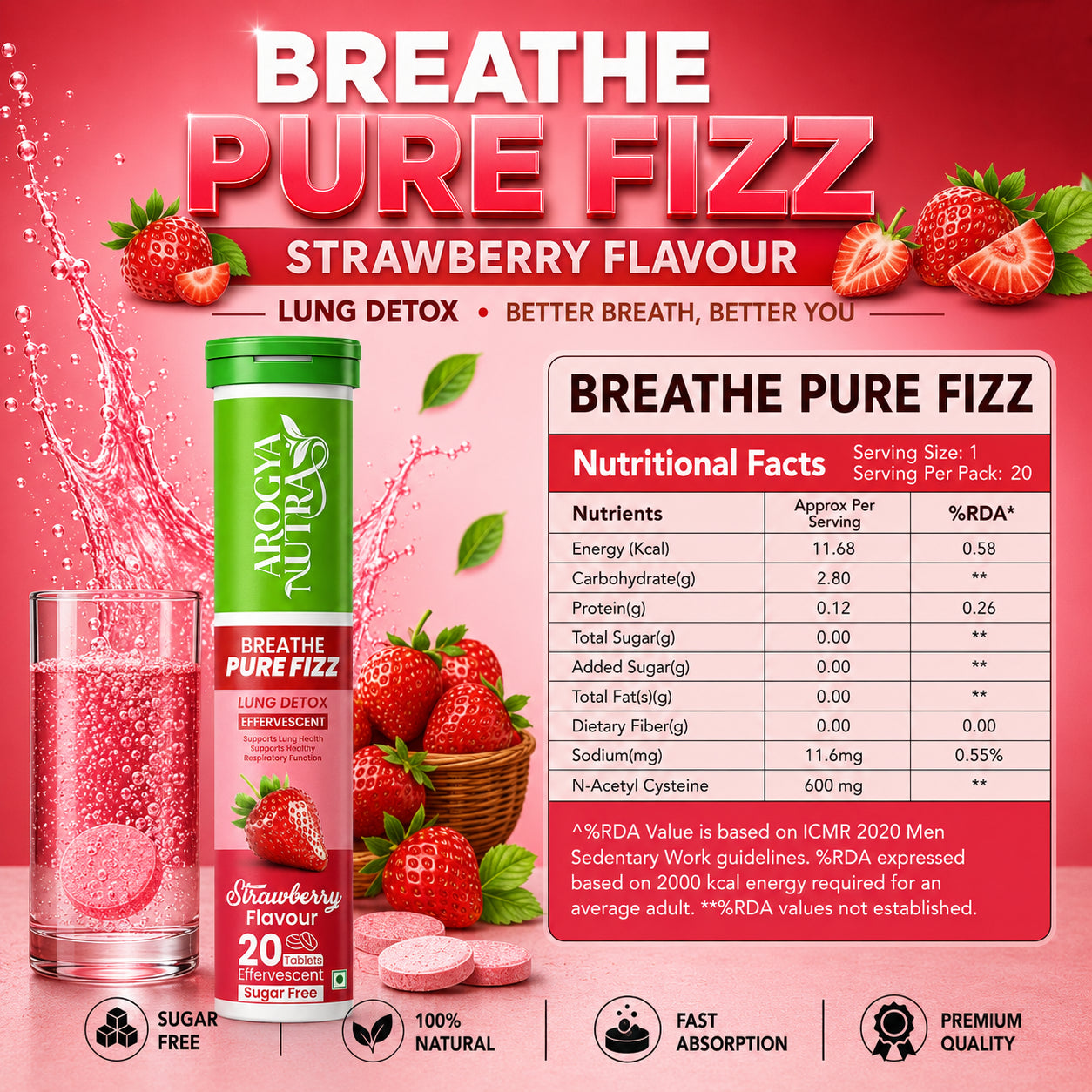 Arogya Nutra Breathe Pure Fizz supplement packaging with nutritional facts on a pink background