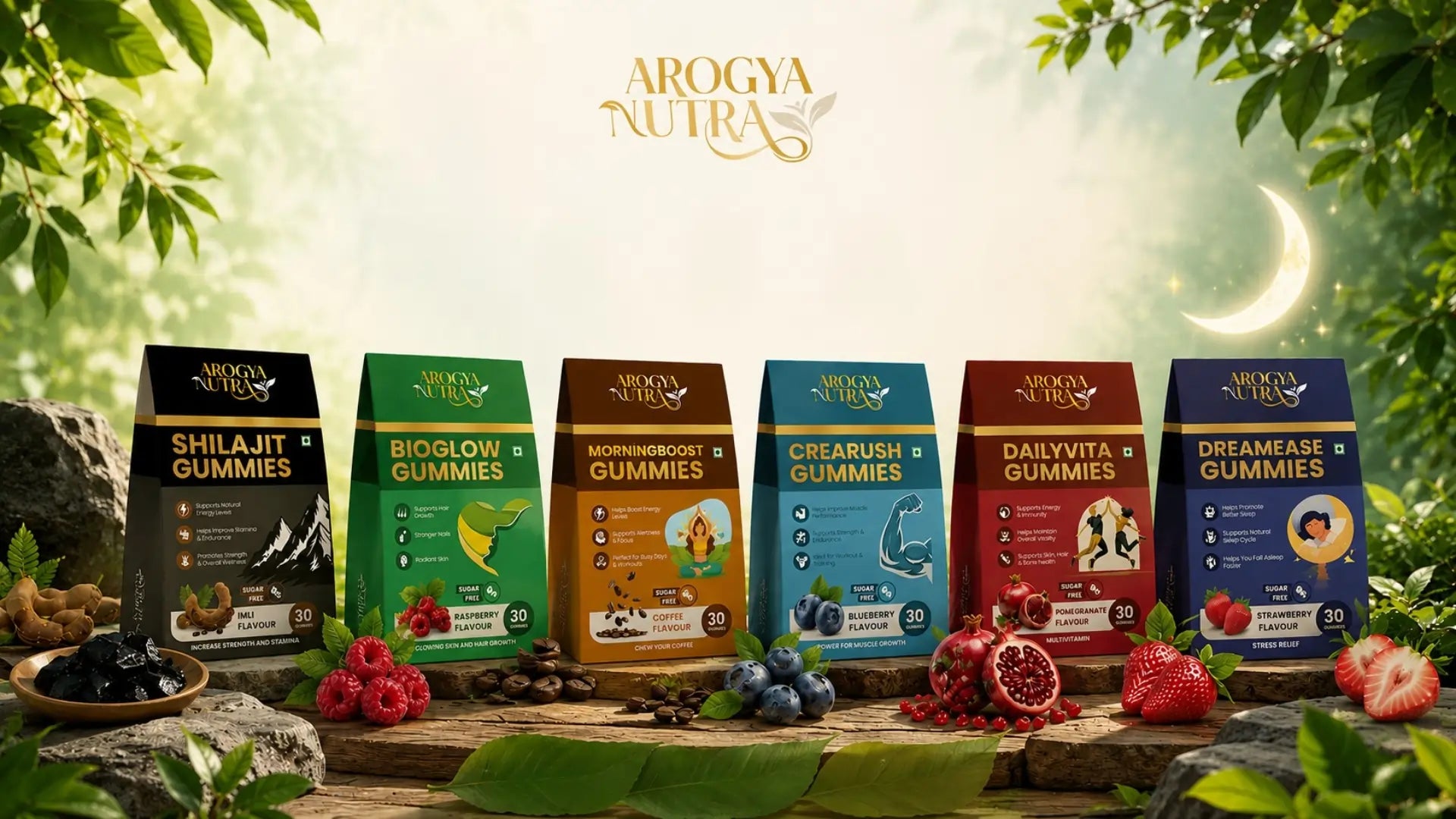 Collection of Aroga Nutrition gummy boxes on a wooden surface with a scenic background