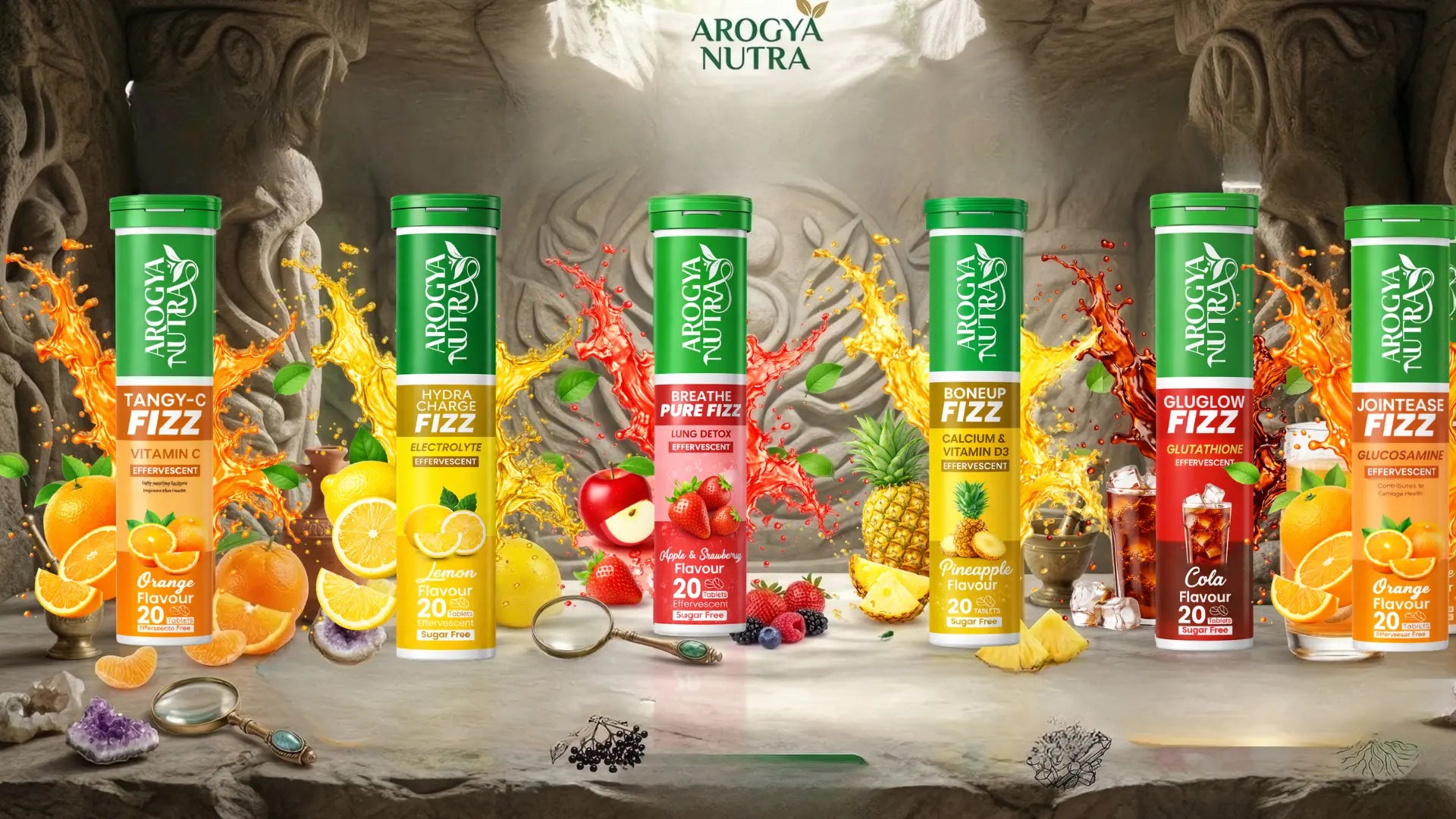 Arogya Nutra drink packages with various flavors on a decorative background