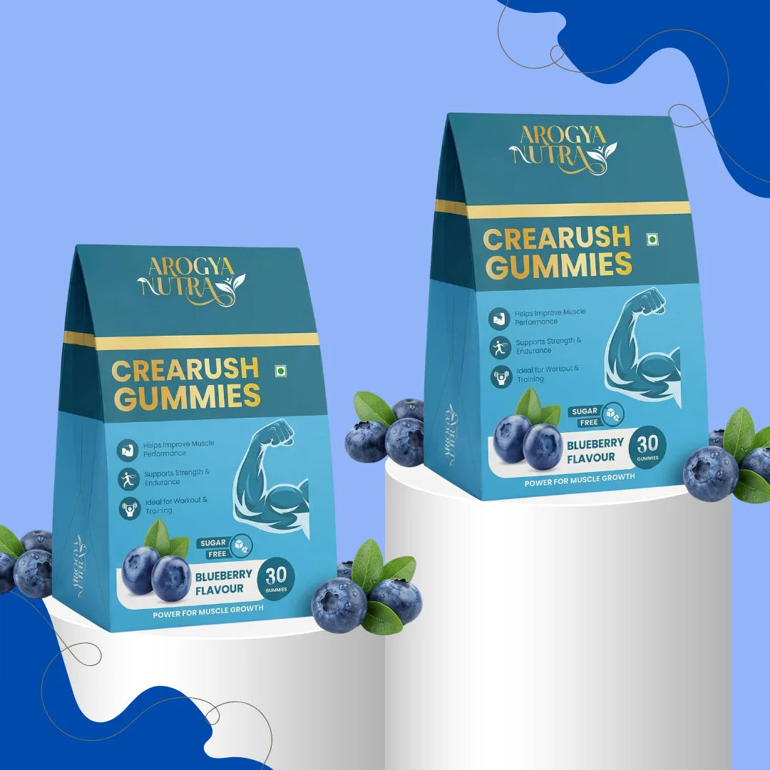 Two boxes of Crearush Gummies with blueberries on a white and blue gradient background