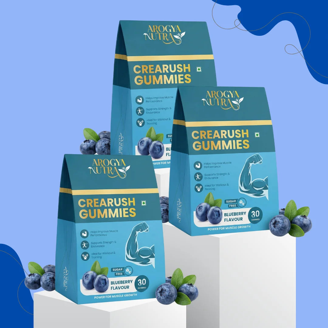 Three boxes of Crearush Gummies with blueberries on a white and blue gradient background
