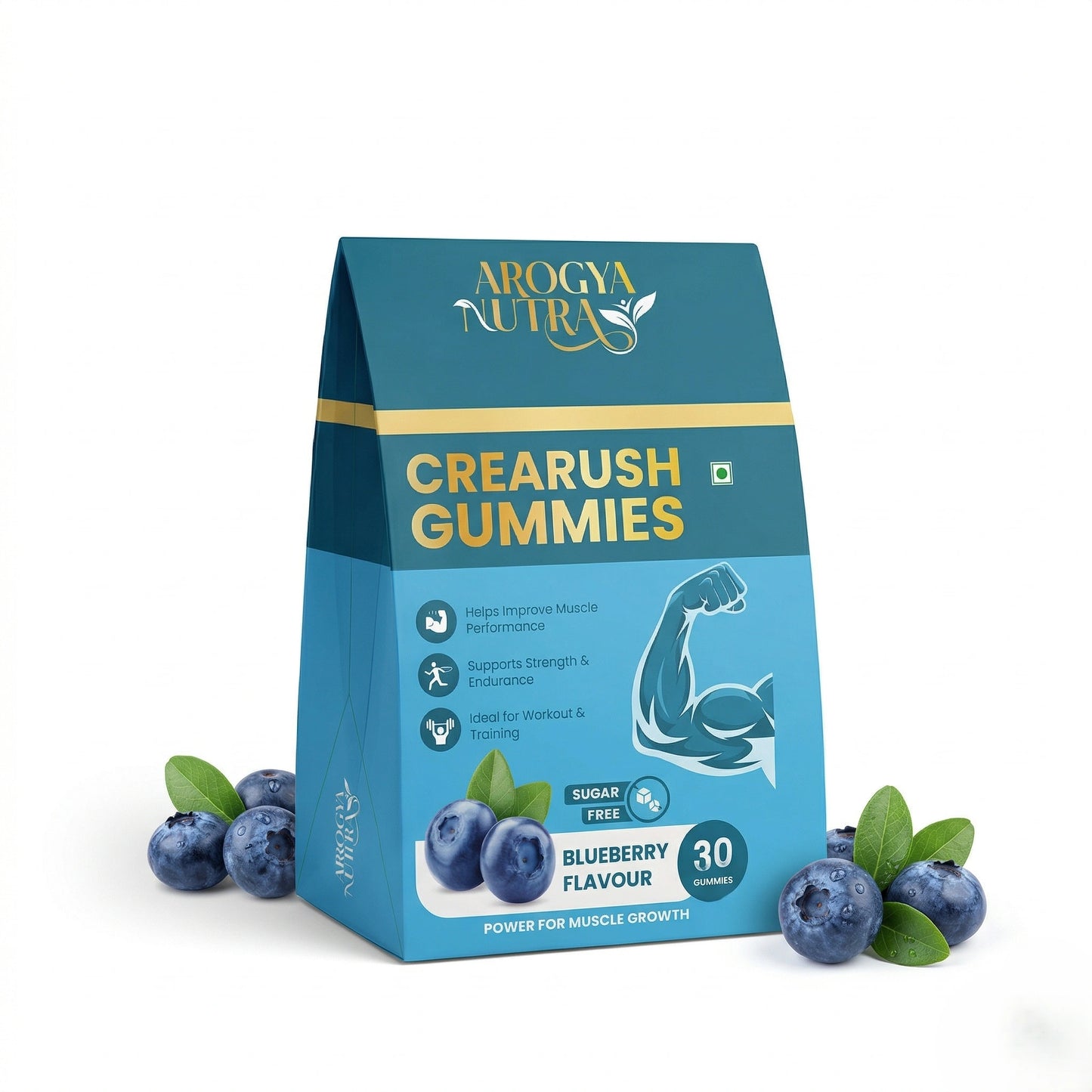 Arogya Nutra Crearush Gummies packaging with blueberries on a white background
