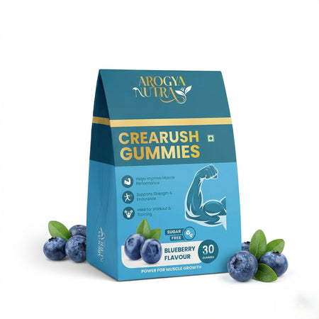 Arogya Nutra Crearush Gummies packaging with blueberries on a white background