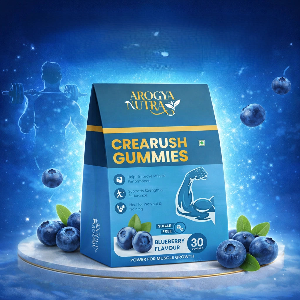Arogya Nutra Crearush Gummies packaging with blueberries on a blue background