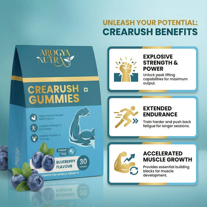 Arogya Natura Crearush Gummies packaging with benefits on a blue background