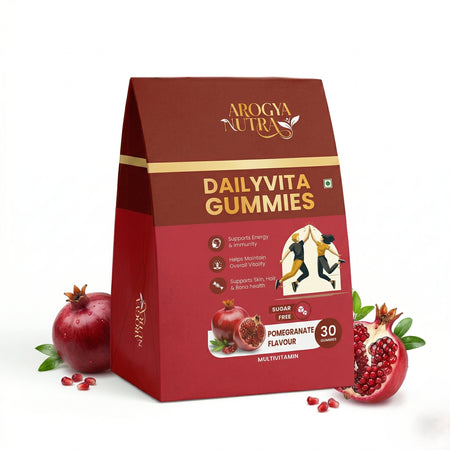 Arogya Nutras Dailyyvita Gummies packaging with pomegranate graphics on a white background